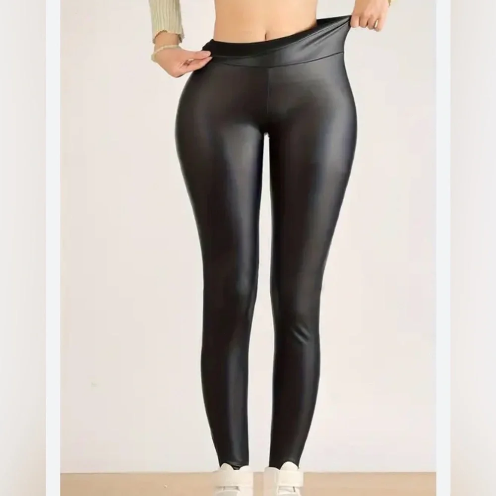 Faux Leather Leggings, Waist Control Support, Black, Fleece Lined, Size XL